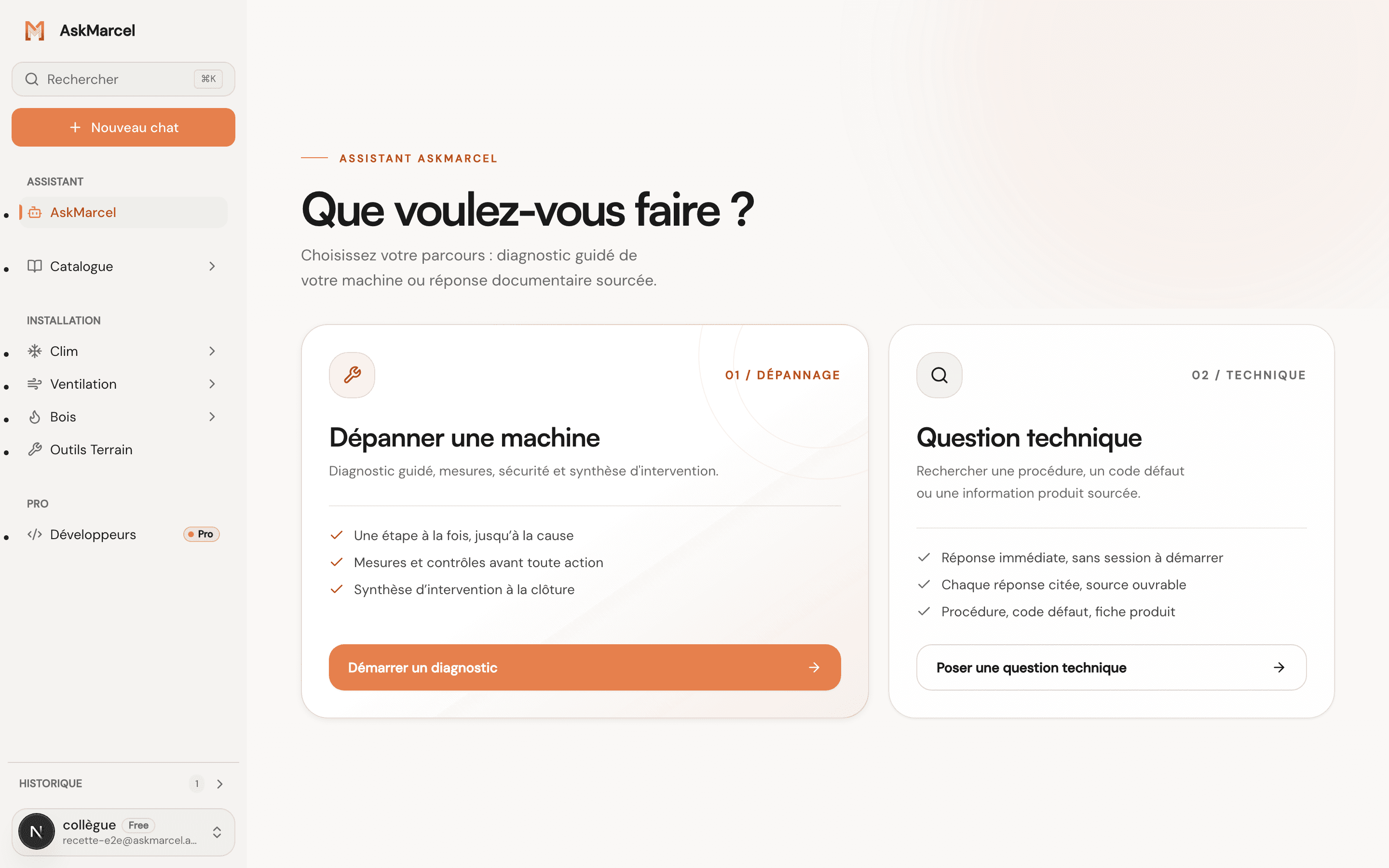 Écran d’entrée d’AskMarcel : « Que voulez-vous faire ? », avec les parcours Dépanner une machine et Question technique.
